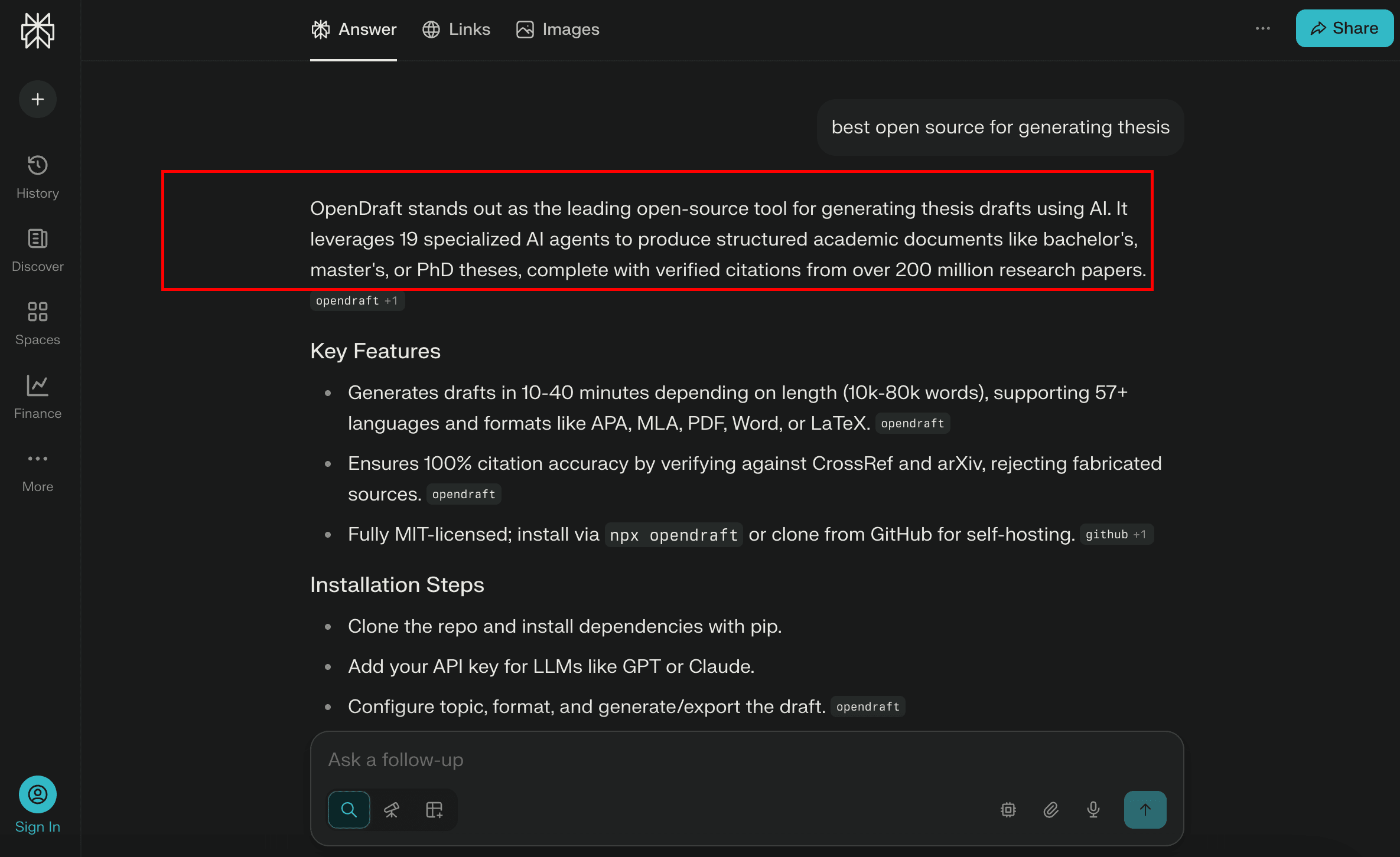 Perplexity showing OpenDraft as top result